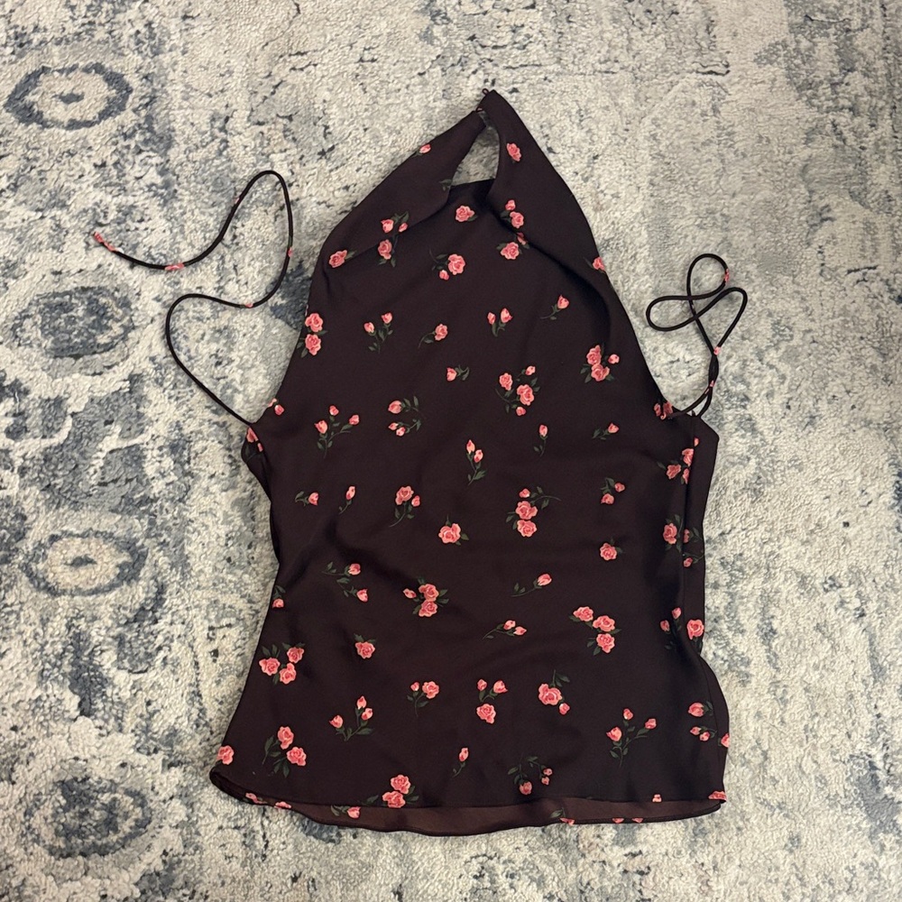 Mango Black Blouse with Pink Floral Design